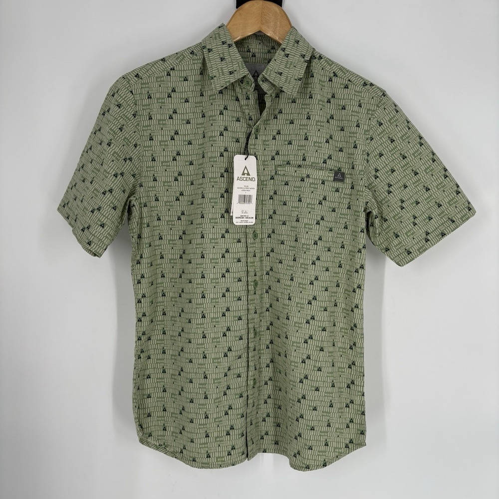 Ascend Mens Organic Cotton Blend Button Up Shirt Size Small Green Outdoor Fish